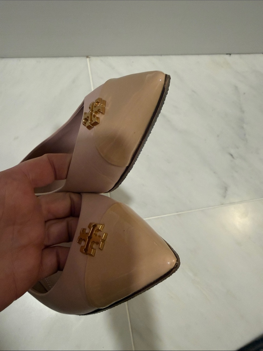 Tory Burch Blush Pink Pointed Toe Ballet Flats with Tan Patent Cap - Picture 7 of 7